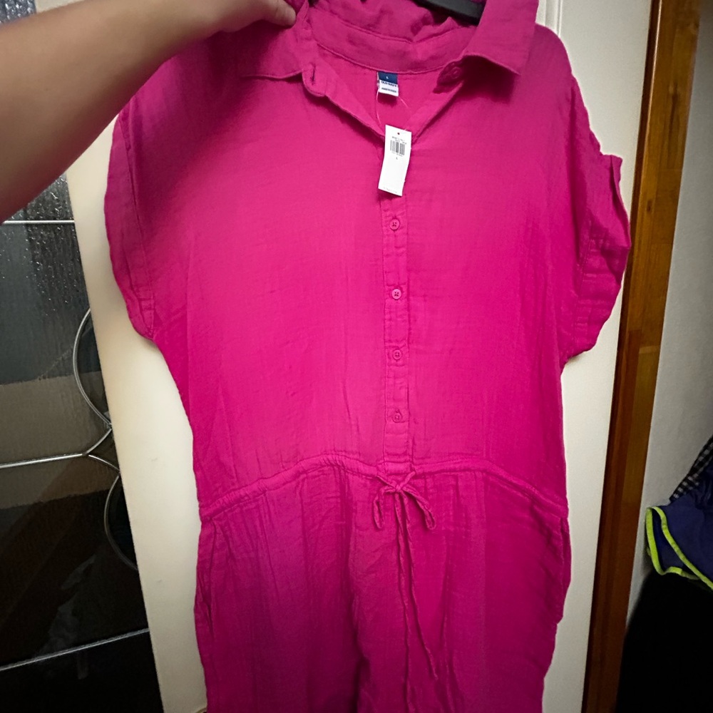 Old Navy Hot Pink Button-Front Drawstring Dress
